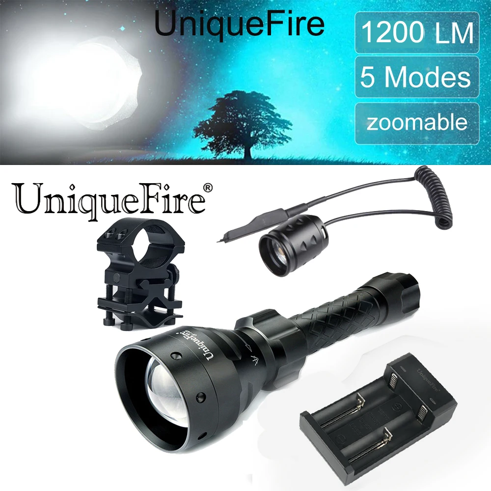 

UniqueFire Flashlight 1405 XM-L2 Ultra Bright LED 5 Modes Tactical Torch-Scope Mount-Two Slot Charger-Rat Tail