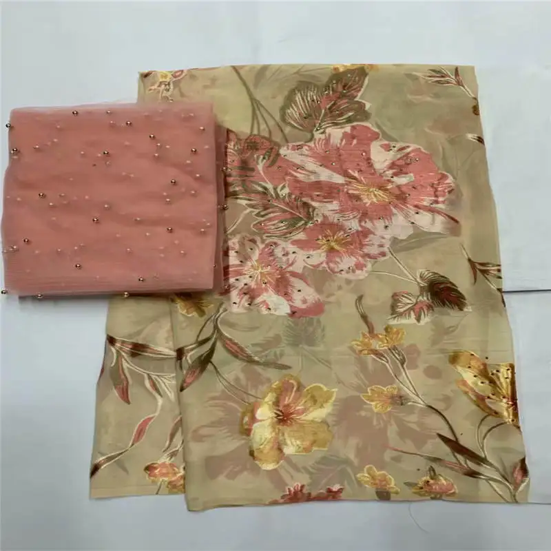

5+2 Yards High quality African 100% Silk Chiffon Fabric Embroidered Floral Pattern For Lady Dress Silk Fabric! LXF61711