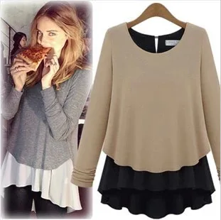 

Women tops and blouse 2019 fashion new arrival two-piece stitching density thickening knit chiffon render unlined shirt LJA098