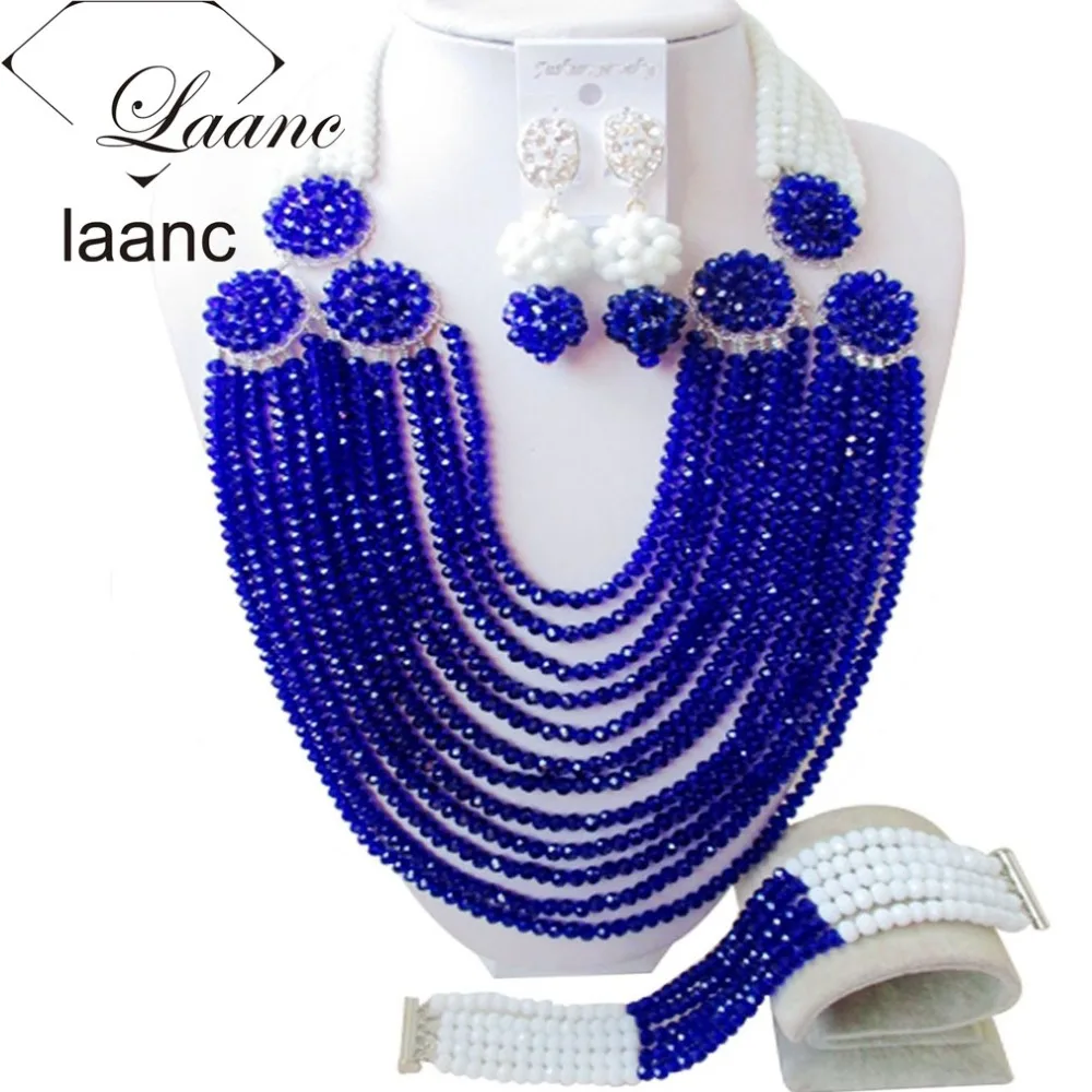 

African Fashion Beads Wedding Jewelry Sets Royal Blue and White Crystal AL113
