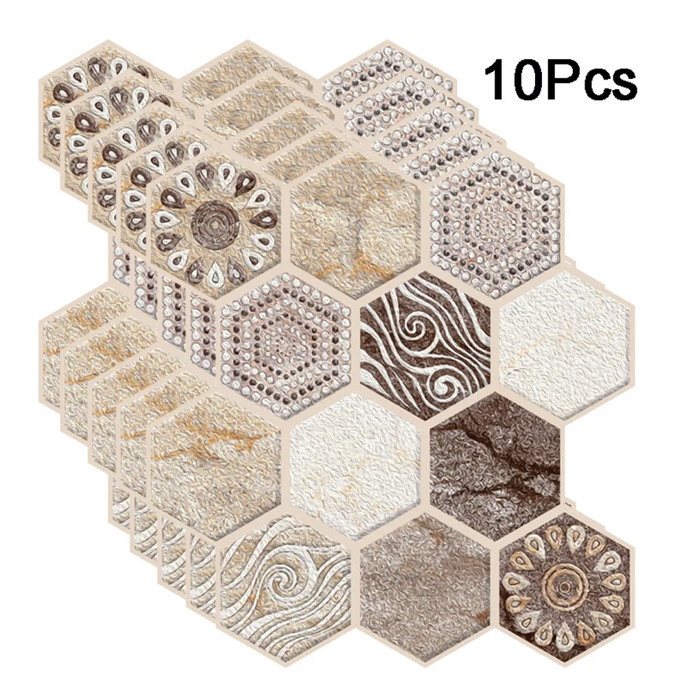

10Pcs 3D Hexagonal European Style Wall Sticker Tiles DIY Self-adhesive PVC Removable Waterproof Kitchen Bathroom Home Decor