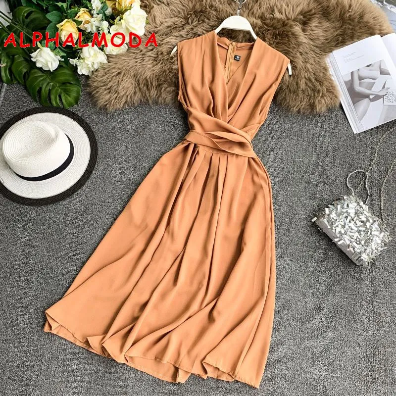 

ALPHALMODA V-neck Sleeveless Sashes Women Graceful Solid Chiffon Dress Crossed Tie Slender Mid-calf Summer Vestidos