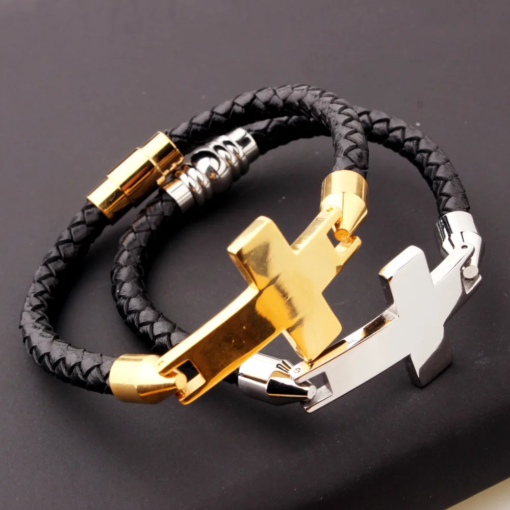 

Tisnium Leather Link Stainless Steel Superior Mens Cross Bracelet Vintage Fashion Jewelry Tone Gold Silver Male Bracelets