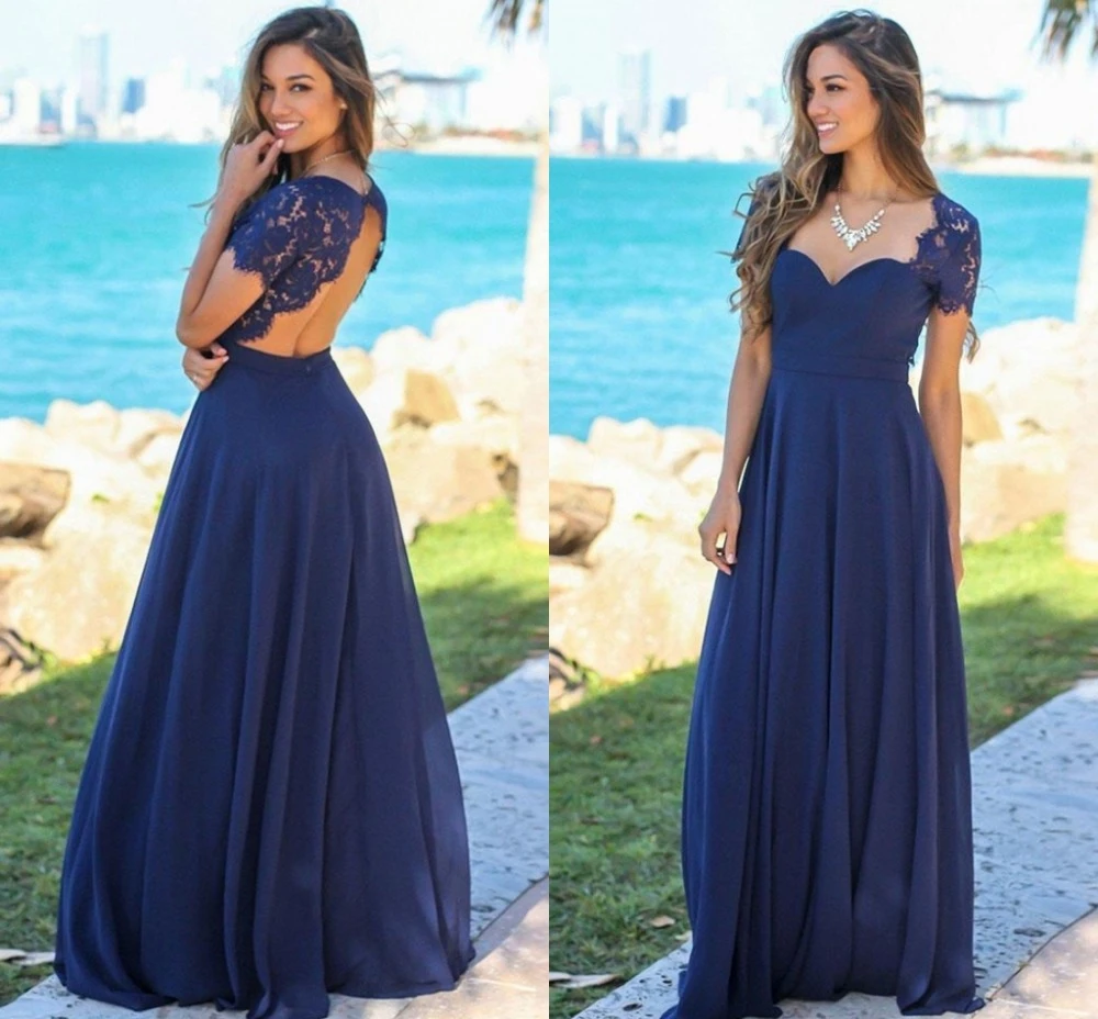 Vestidos de dama Honor largos con encaje y manga corta, traje de dama de Honor con espalda abierta, azul marino, playa, para dama de honor| AliExpress