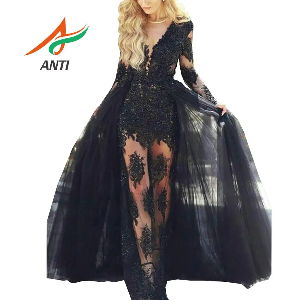 

ANTI robe de soiree for Women Black V Neck Long Sleeve Evening Dresses 2019 Lace Tulle Formal Party Gowns Detachable Tail Dubai