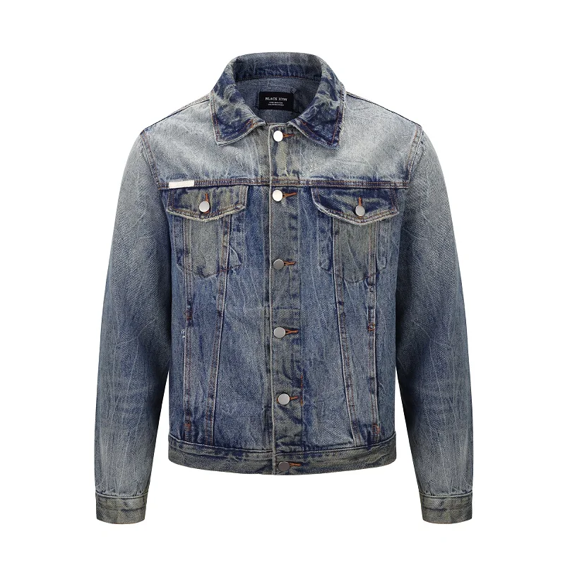 

Jeans Jacket Men Denim Hip Hop Hole Patchwork Long Sleeve Mens Jackets Coat Spring Hi-Street Washed Ribbon Male Streetwear Coats