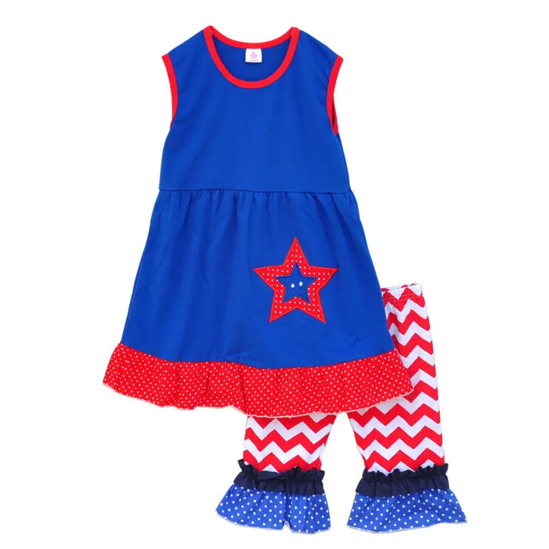 

July 4th Special Girl Dress A-lined Red Bottom Patchwork Hem Star Embroidered Striped Ruffle Capris Children Clothing J001