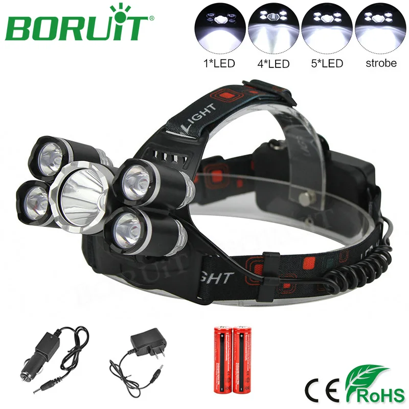 

BORUiT Bright 5 LED Headlamp Flashlight 4-Mode Rechargeable Headlight Camping Tactical Light Hunting Fishing Head Torch 18650