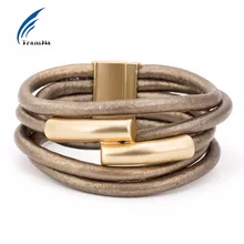 Multilayer Gold Color Magnet Gray PU Rope Wrap Bracelet Bileklik Pulseira Feminina Bracelets For Women Wristband