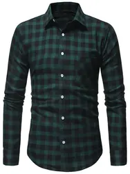 Для мужчин с длинным рукавом локоть патч 1 нагрудные карманы Slim Fit Толстые плед Повседневная рубашка Материал хлопка полиэстера