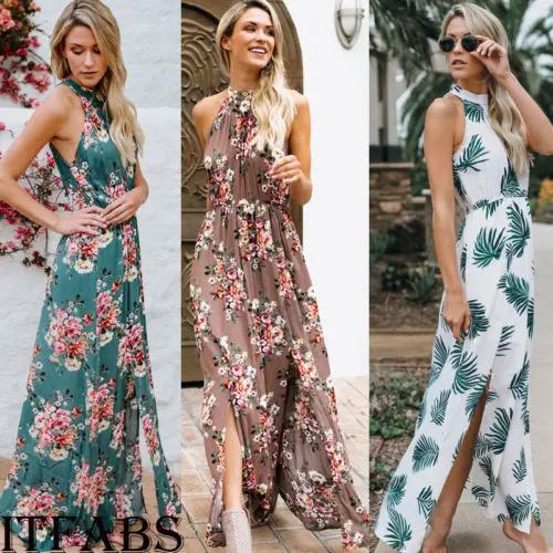 

Fashion Women Floral Boho Long Maxi Halter Dress Beach Party Sleeveless High Waist Summer Sundress