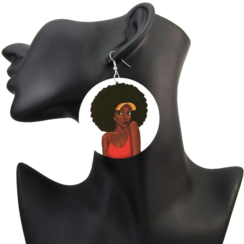 SOMESOOR AFRO Curly Girl Paint Wood Drop Earrings Black Woman Natural Hair African Wooden Pendant Loops Jewelry For Ladies Gifts | Украшения