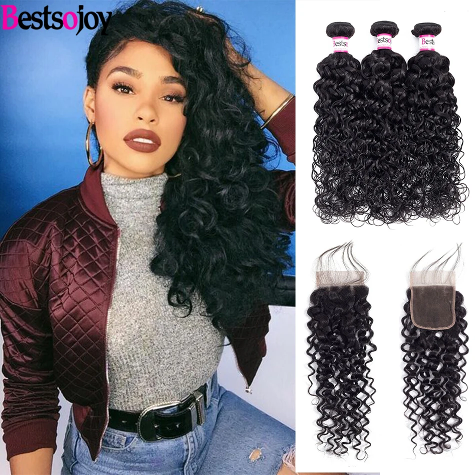 Bestsojoy Hair Water Wave Bundles With Closure Wet And Wavy Remy Human Hair 3 Bundles With