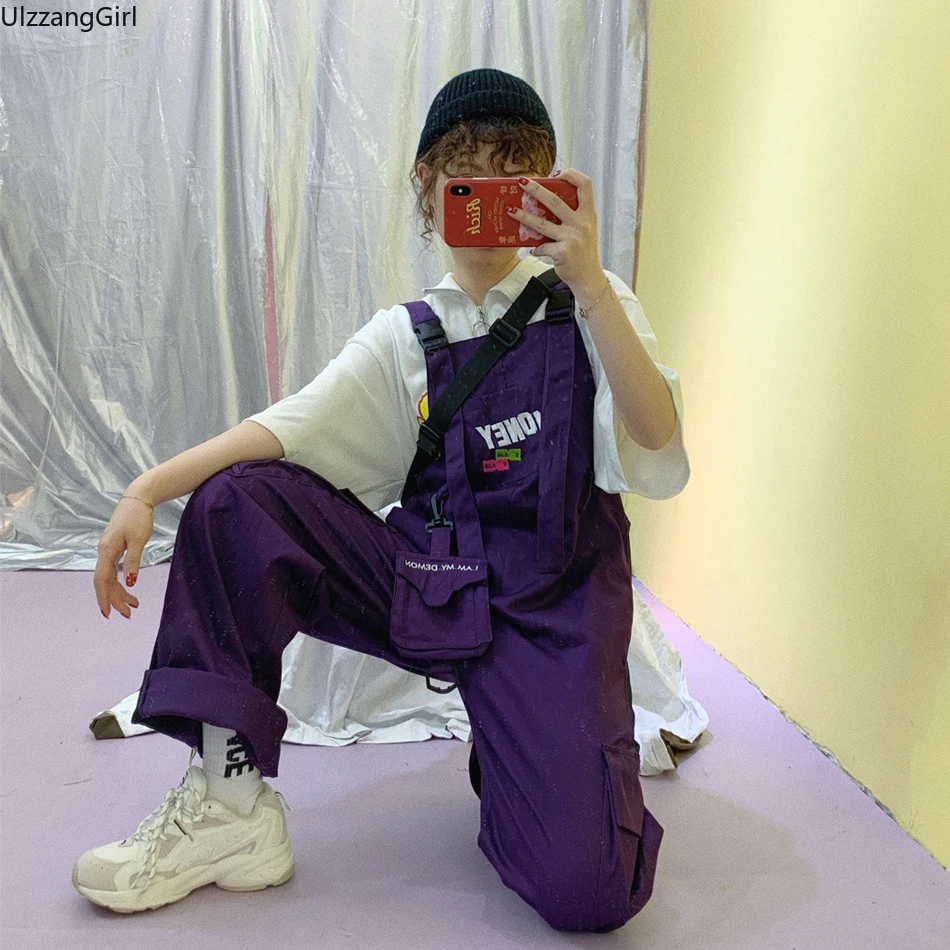 

Hip Hop Women Man Embroidery Pocket Detachable Waist Bag Loose Wide Drawstring Suspender Cargo Jogger Pant Streetwear Punk Harem