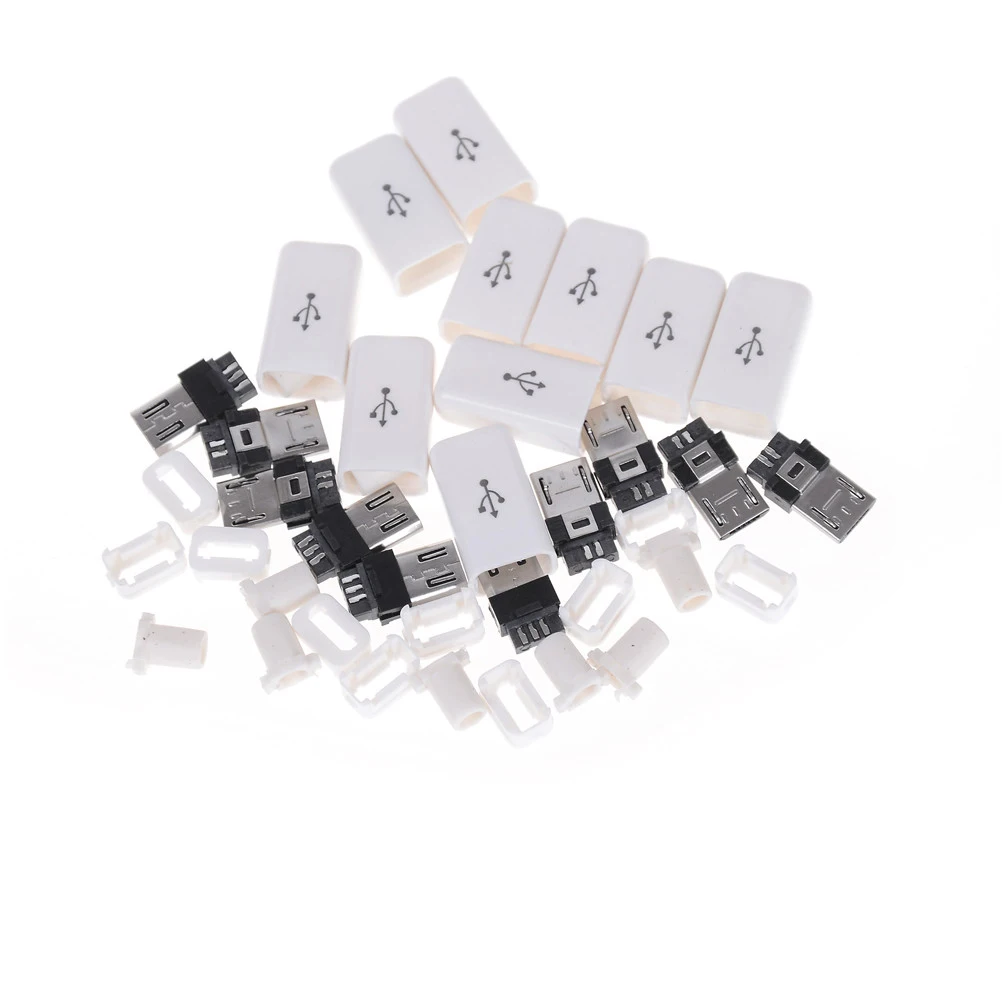 10pcs/ Sets w/Plastic Cover white  4 in 1 DIY Micro USB Welding Type Male Plug Connector
