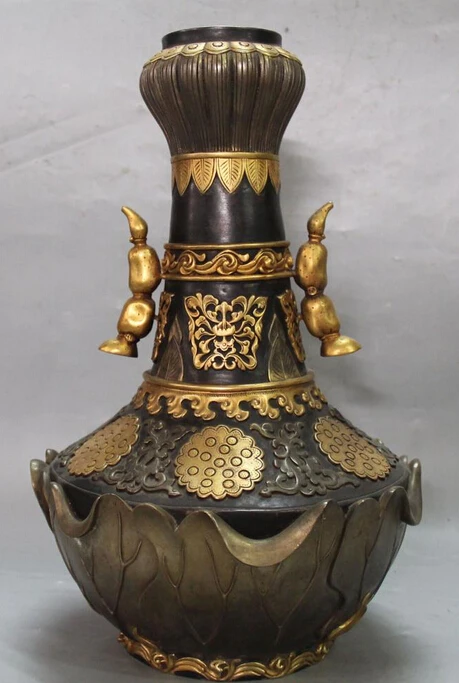 

shitou 002664 13"Marked China Purple Bronze 24K Gold Pure Silver lotus root Vase Bottle Statue discount 30% (C0324)