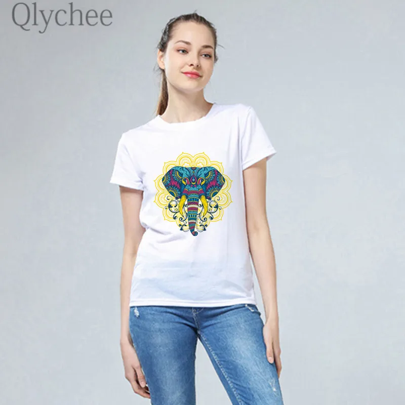 Qlychee Harajuku Colorful Mandala Elephant T Shirts Top Tees Crew Neck Short Sleeve Loose Summer Spring Women T-shirts Shirt | Женская