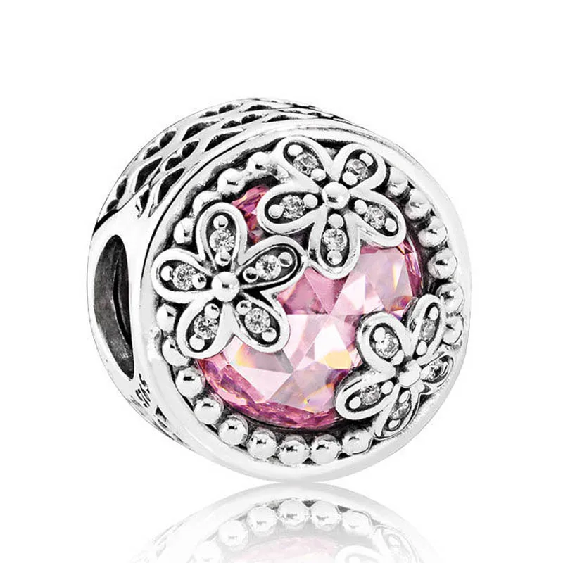 

Authentic S925 Silver DIY Jewelry Dazzling Daisy Meadow Charms fit Pandora Bracelet Pink Crytasl Clear CZ Girl Lady Gift