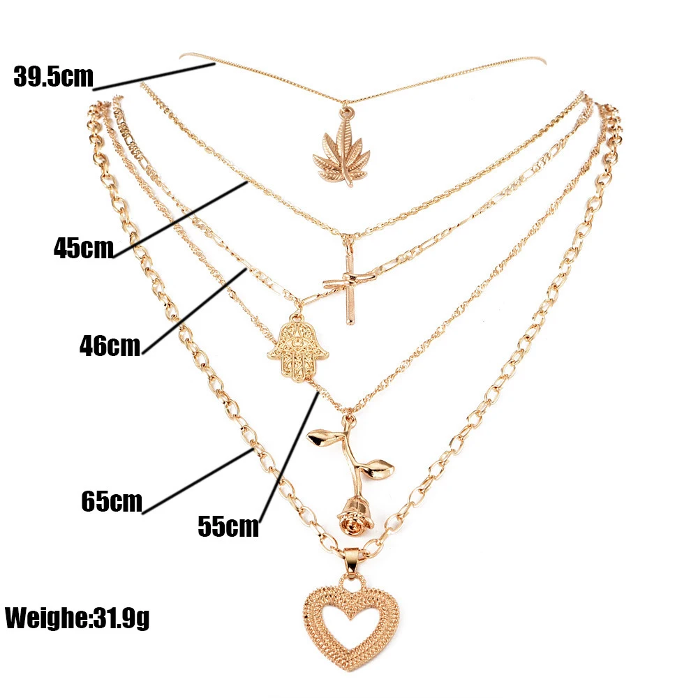 New Fashion Multi layer Flower Leaf palm Cross Heart Shape Necklaces & Pendants For Women Trendy Charm Gold Necklace Jewelry