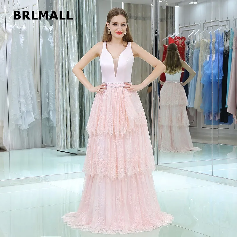 2018 Candy Color Prom Dresses Cute Pink Satin Tiered Lace V Neck A Line Cheap Custom Made Formal Evening Gowns |