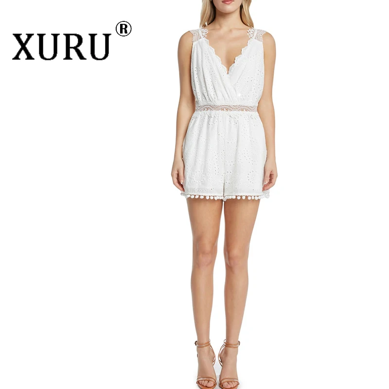 XURU new embroidered lace jumpsuit stitching fashion backless V-neck white jumpsuit XURU new embroidered lace jumpsuit stitching fashion backless V-neck white jumpsuit