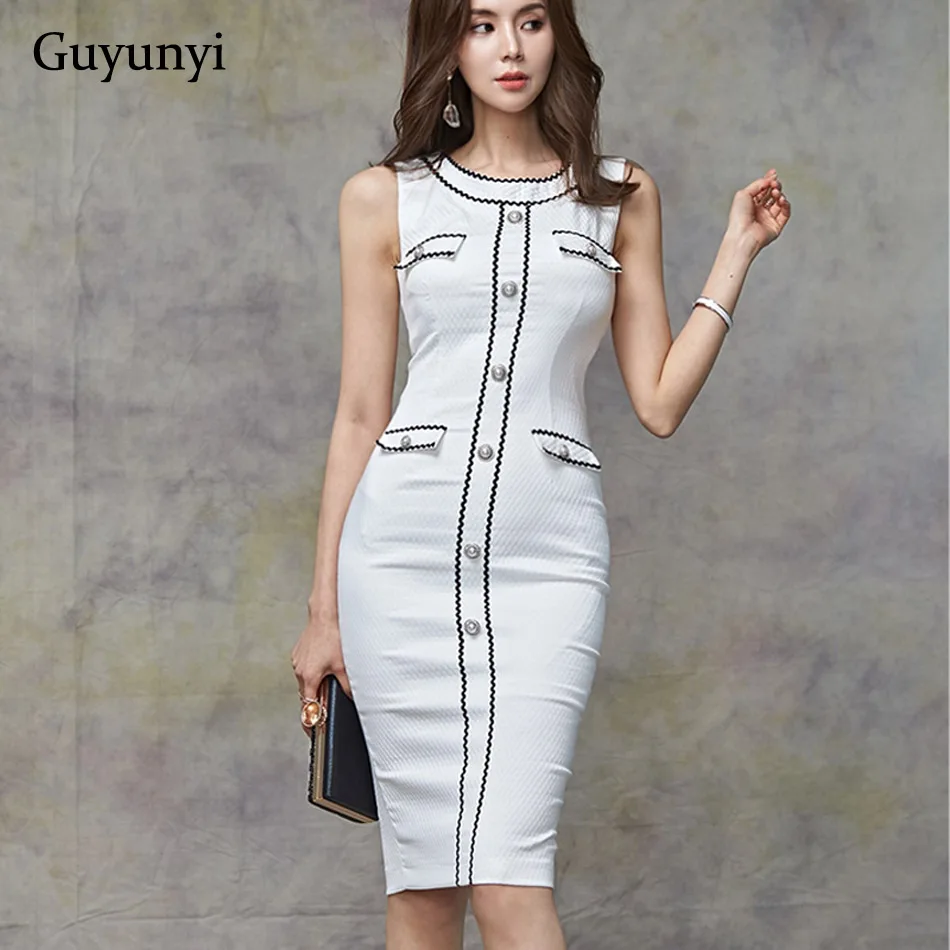 

White Elegant Office Dress 2019 Summer Sleeveless Decorative Button Slim Fit High Waist Simple Comfortable Women Party Dress
