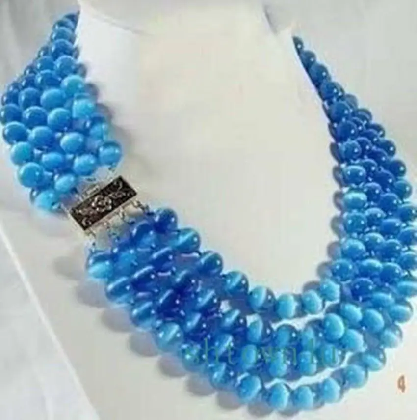 

Jewelr 004565 RARE 4 ROWS 8MM BLUE REAL OPAL BEAD NECKLACE