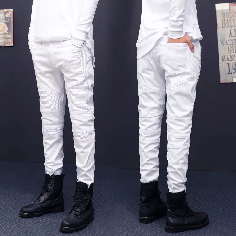 Модные джинсы известного бренда для мужчин s белые обтягивающие джинсы хип-хоп эластичные складные узкие брюки джинсы шаровары мужские s джинсы для мотоциклистов