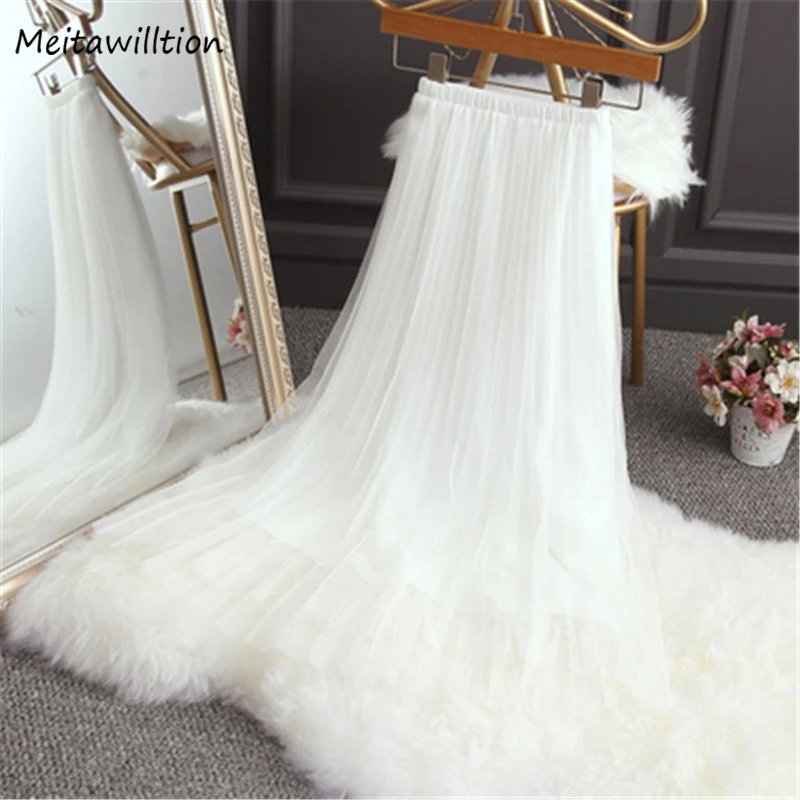 Новинка, Корейская женская юбка,, фатиновая юбка, модная, дикая, большая, Свинг, сетчатая юбка, высокая талия, плиссированная, Saias размера плюс, нижняя часть