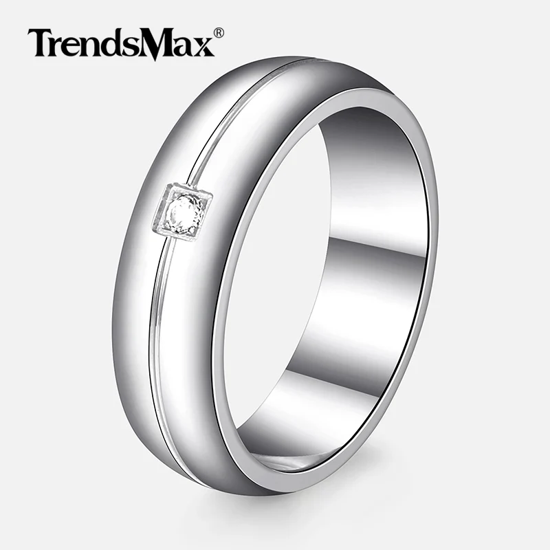 

6mm Silver Clear CZ Men's Ring Stainless Steel Classic Engagement Wedding Bands Ring Male Jewelry Anniversary Gift for Men KR181