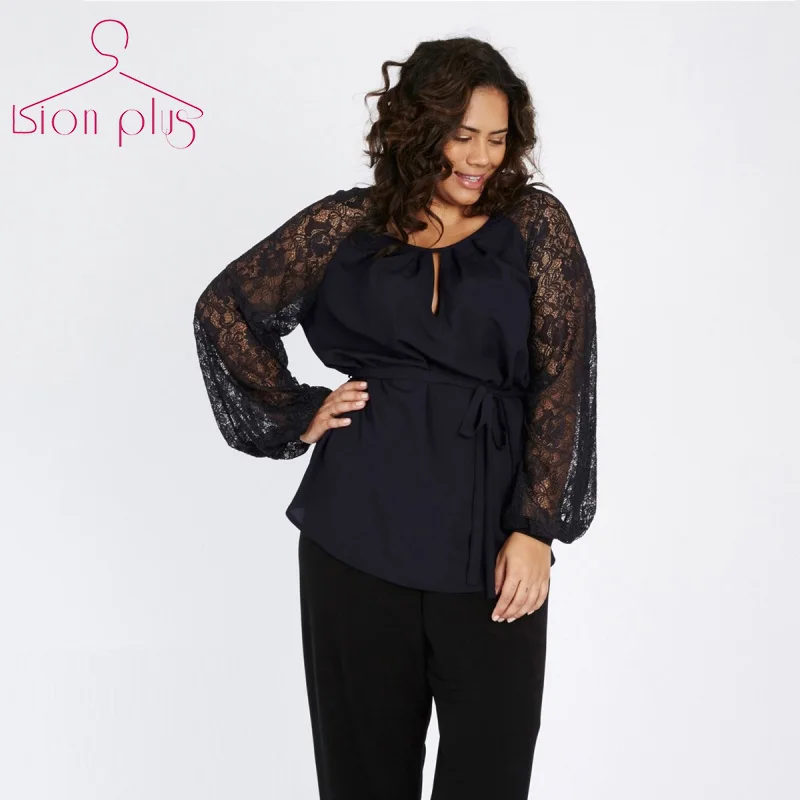 Темно-пояс Для женщин блузка 5XL 6XL 7XL осень 2017 г. Кружева лоскутное Офисные женские
