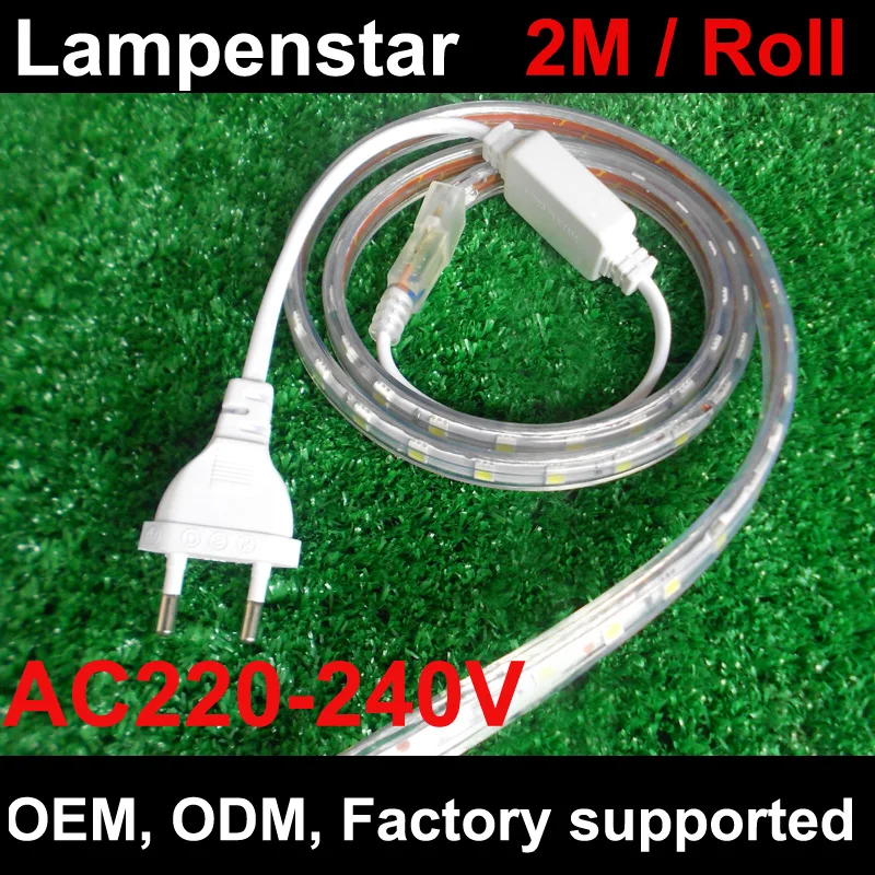 

220V led strip 220v 2m SMD 60 LED Flexible Strip Light Waterproof ,warm white/Cool white,60leds/m ce rohslampenstar