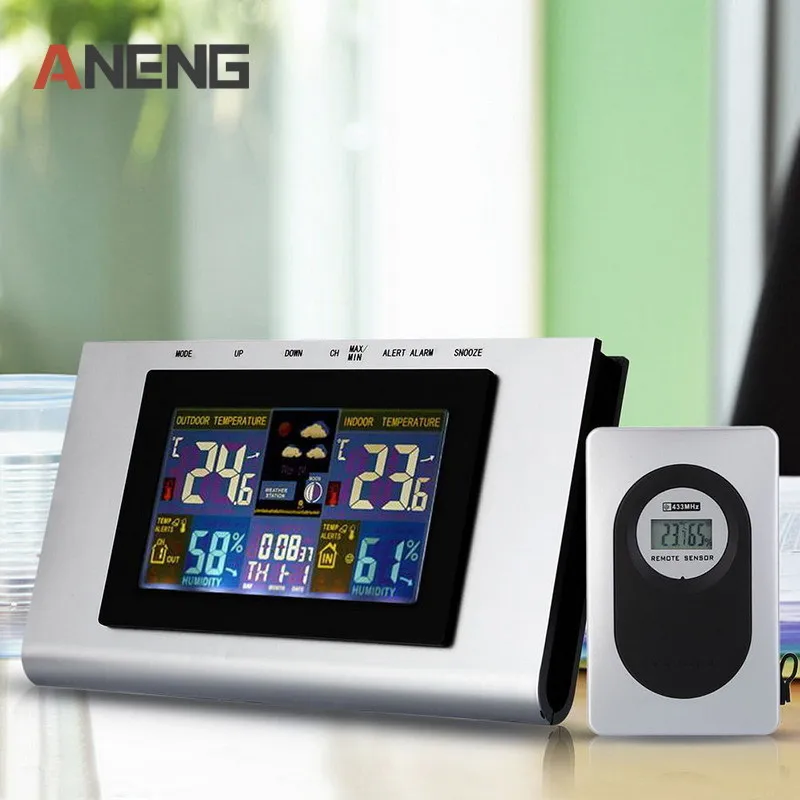 

Home Wireless Weather Station Colorful LCD Digital In/Outdoor Temperature Humidity Snooze Alarm Clock Weather Forecast Meter