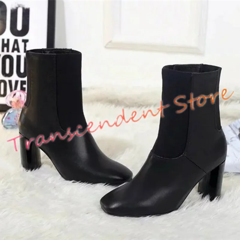 Choudory High Heel Patchwork Slip On Shoes Spring Autumn New Fashion Solid Ankle Boots Genuine Leather Women Black Boots