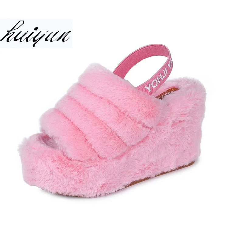 

2019 Fashion Winter Plush Slippers Women 10CM High Heels Outdoor Keep Warm Fur Shoes Antiskid Bottom Autumn Platform Shoes Pink