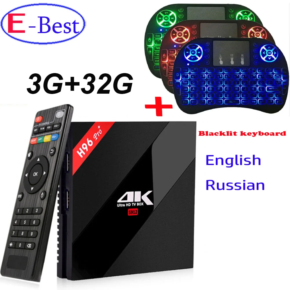Prix pour H96 PRO + Android 7.1 TV Box Amlogic S912 Octa Core 3G/32G plus rétro-éclairé Clavier WiFi 2.4G/5.0G BT4.1 KODI 17.0 H.265 4 K Lecteur Prix pour H96 PRO + Android 7.1 TV Box Amlogic S912 Octa Core 3G/32G plus rétro-éclairé Clavier WiFi 2.4G/5.0G BT4.1 KODI 17.0 H.265 4 K Lecteur