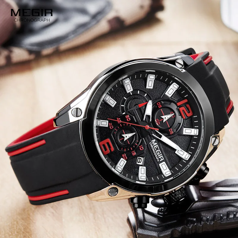 MEGIR Chronograph Quartz Men Watch Clock Relogio Masculino Luxury Brand Silicone Army Military Sport Watches Mens Saat 2053