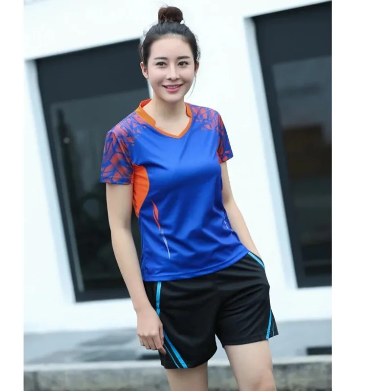 2 шт. Корейская спортивная одежда женские/мужские теннисные рубашки+ шорты Одежда для бадминтона одежда для настольного тенниса дышащий спортивный комплект 3XL - Цвет: women blue