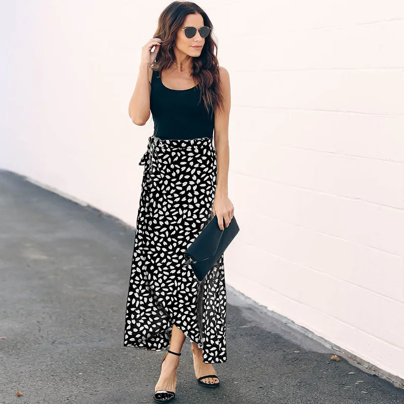 

Fashion Polka Dot Bohemian Maxi Skirt for Women High Waist A-Line Summer Beach Skirts Ankle-Length Skirt