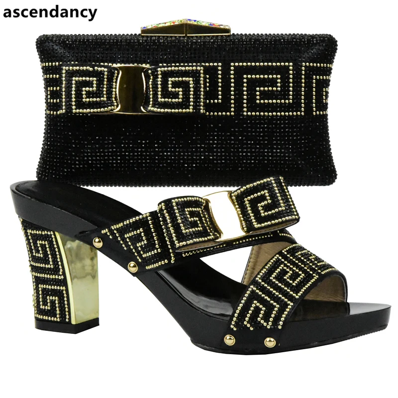 

Latest Black Color Party Shoes and Bag Sets Decorated with Rhinestone African Women Italian Shoe and Bag Set for Wedding & Party