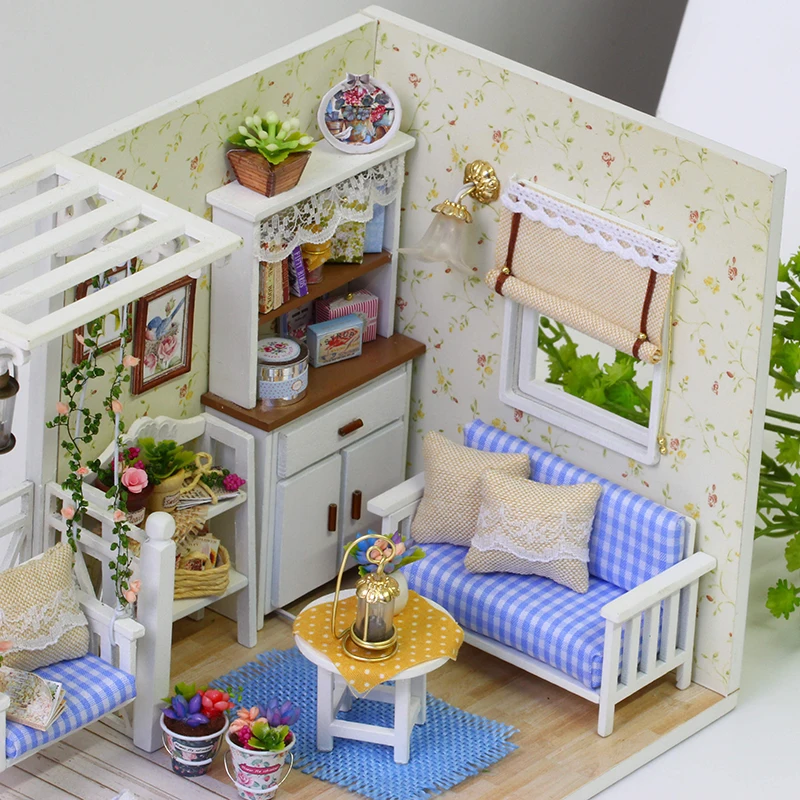 Nuevos Наборы de bricolaje casa de Muñecas de Madera из Muebles RU miniatura con светодиодный+ Muebles+ Muñeca чехол habitación H13