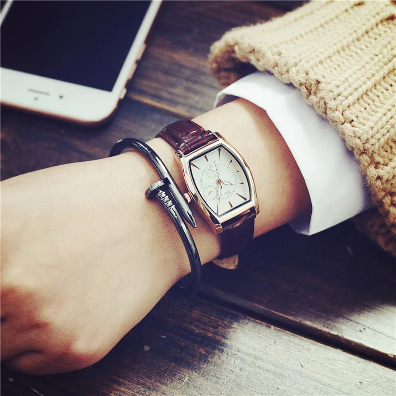 100 New 2016 Luxury Tonneau Small Dial Cute Leather Dress Casual Quartz Wristwatches Wrist Watch for