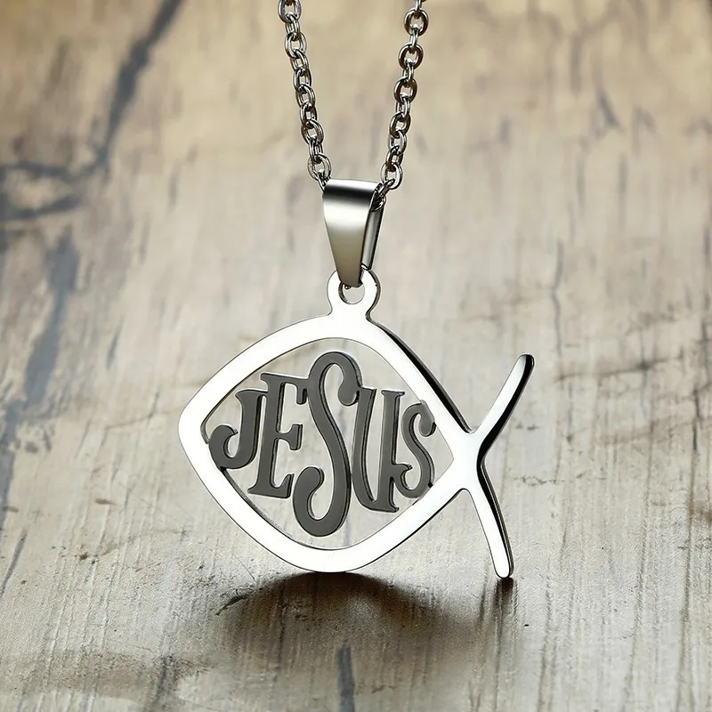 

JESUS Fish Pendant Ichthys Symbol Mens Necklace Stainless Steel Sliver Color Punk Vantage Male Collares Christians Jewelry