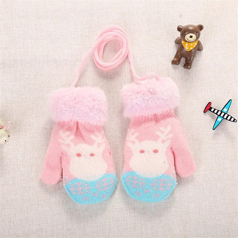 Baby Gloves Kids Mittens Baby Accessories Cartoon Deer Knit Flap Cover Gloves Toddler Thicken Patchwork Hot Winter Warm Gloves (4)