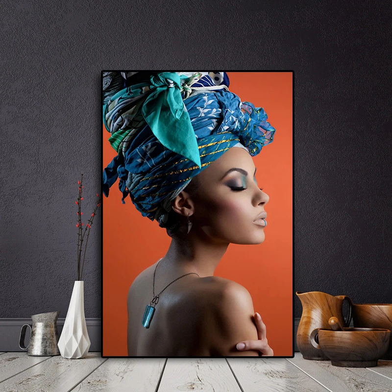 

African Nude Woman Headband Portrait Nordic Canvas Painting Posters and Prints Scandinavian Wall Art Picture for Living Room