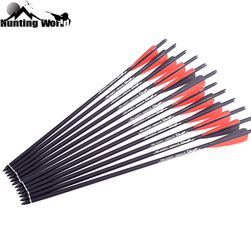 

Archery 12Pcs Carbon Crossbow Bolt Arrows 16" 20" 2 Red 1 Black Feather Halfmoon Shape Nock for Hunting Shooting Crossbow Bow