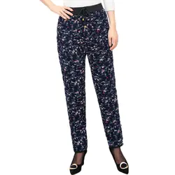 Женские зимние Стеганные штаны Украшенный цветами брюк Эластичная лента Высокая Талия Pantalones Femme среднего возраста Для женщин Китайский