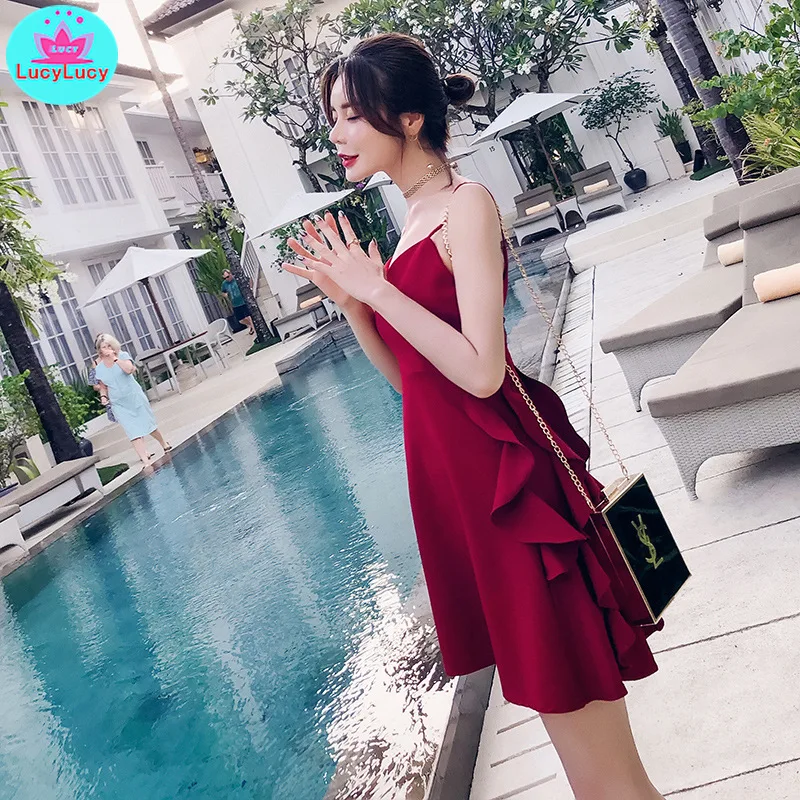 2019 new Korean version of summer women's ruffle sexy holiday strap dress Cascading Ruffle  Knee-Length  Spaghetti Strap
