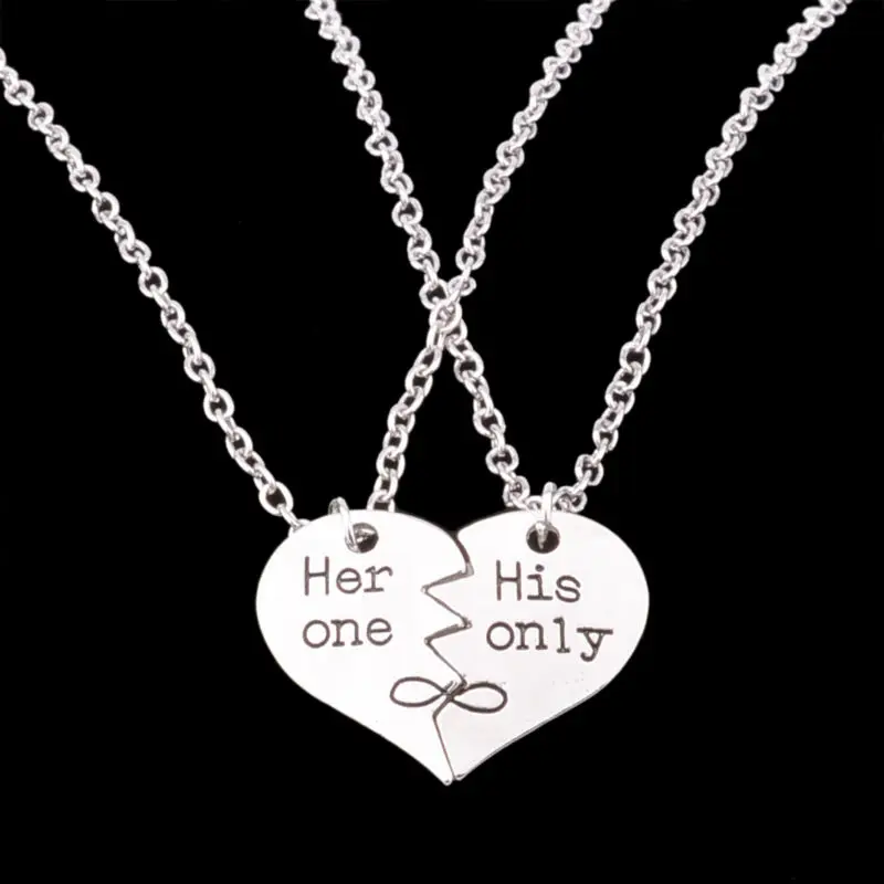 2PC Broken Heart Her One His Only Love Pendant Necklace Silver Plated