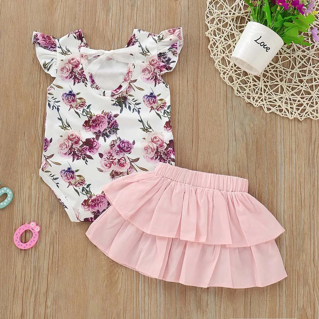 Комбинезон с короткими рукавами и цветочным принтом для новорожденных и маленьких девочек+ комплект юбки с однотонными оборками детская одежда для девочек